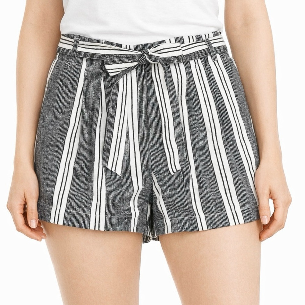 Indigo Rising Linen Cotton High Waist Striped Paperbag Shorts Belted Size Large